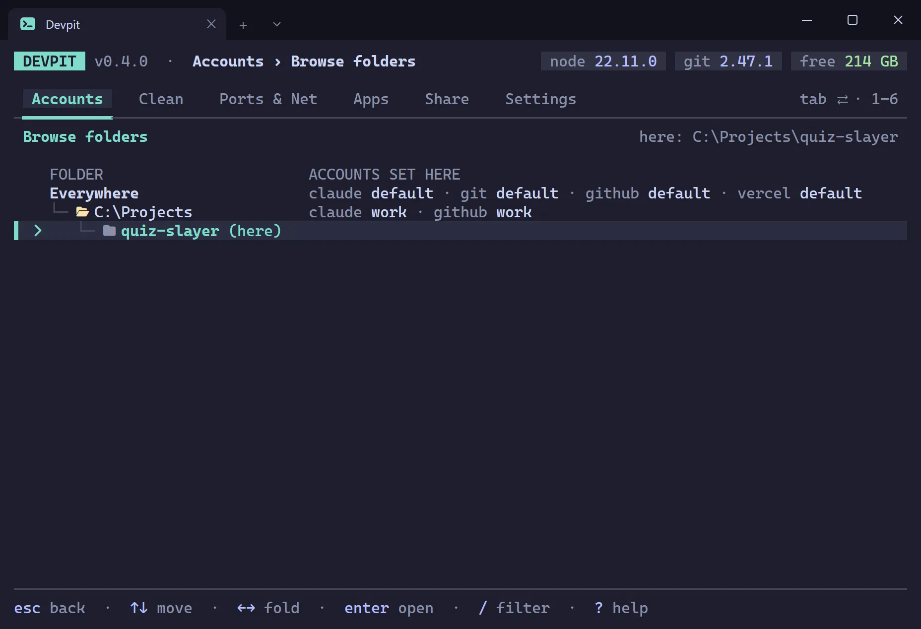 Browse folders tree showing Everywhere and the C:\Projects folder with the account each tool uses there