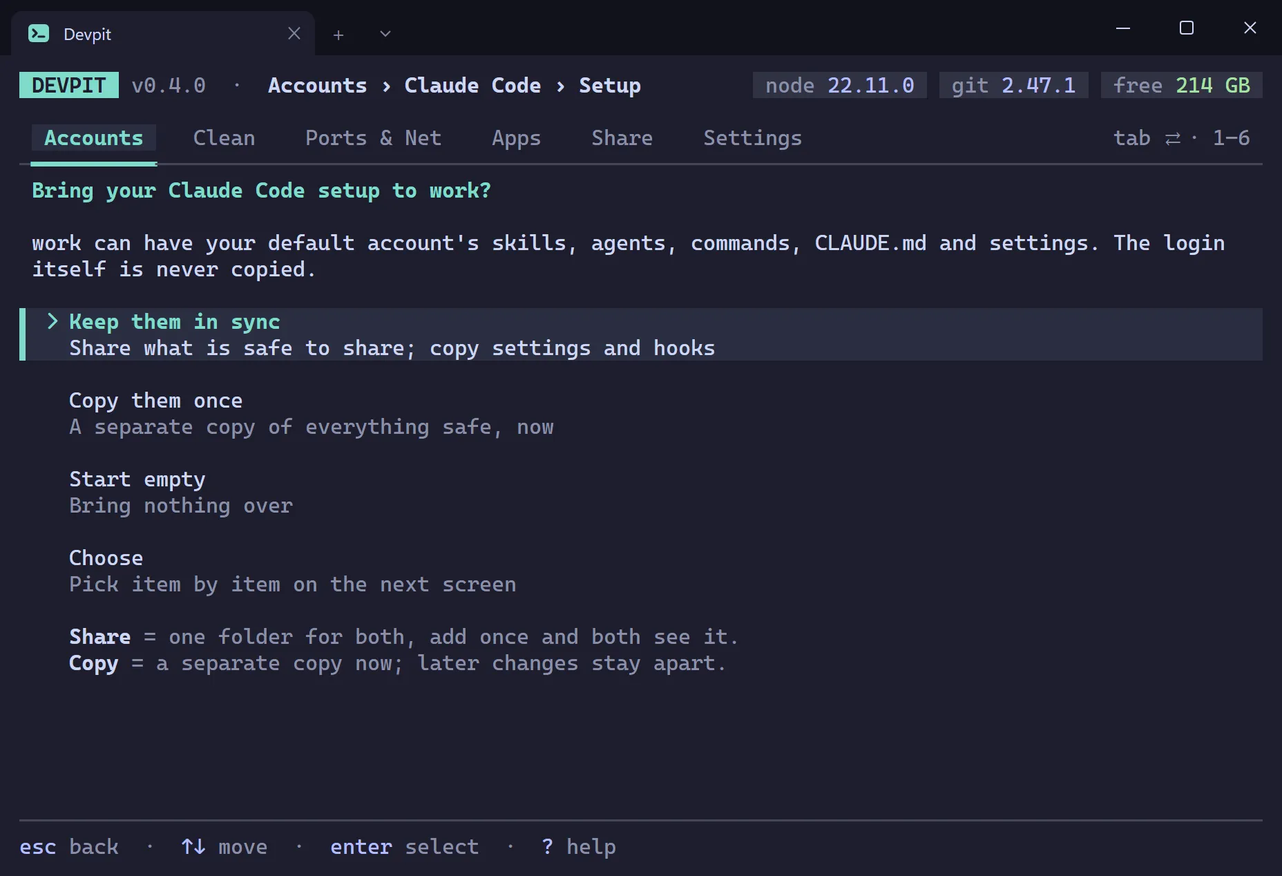 Bring your Claude Code setup question with the answers Keep them in sync, Copy them once, Start empty, Choose and Not now