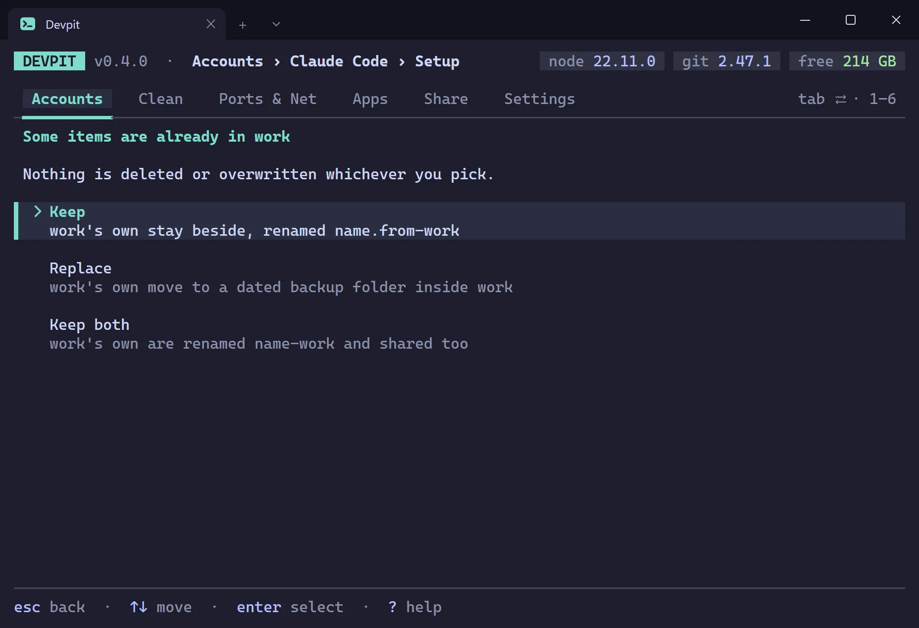 Question about items the other Claude Code account already has, with the choices Keep, Replace and Keep both, and a note that nothing is deleted or overwritten
