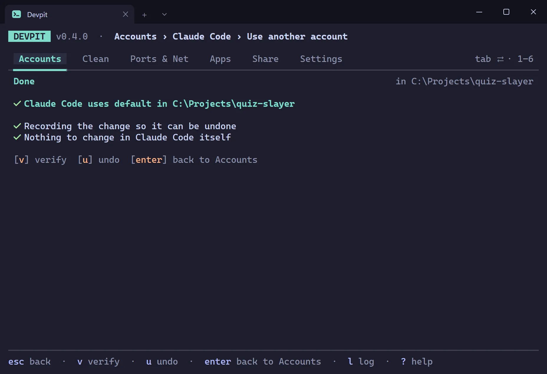 Done card after an account change with a tick for each step and keys to verify, undo or go back to Accounts