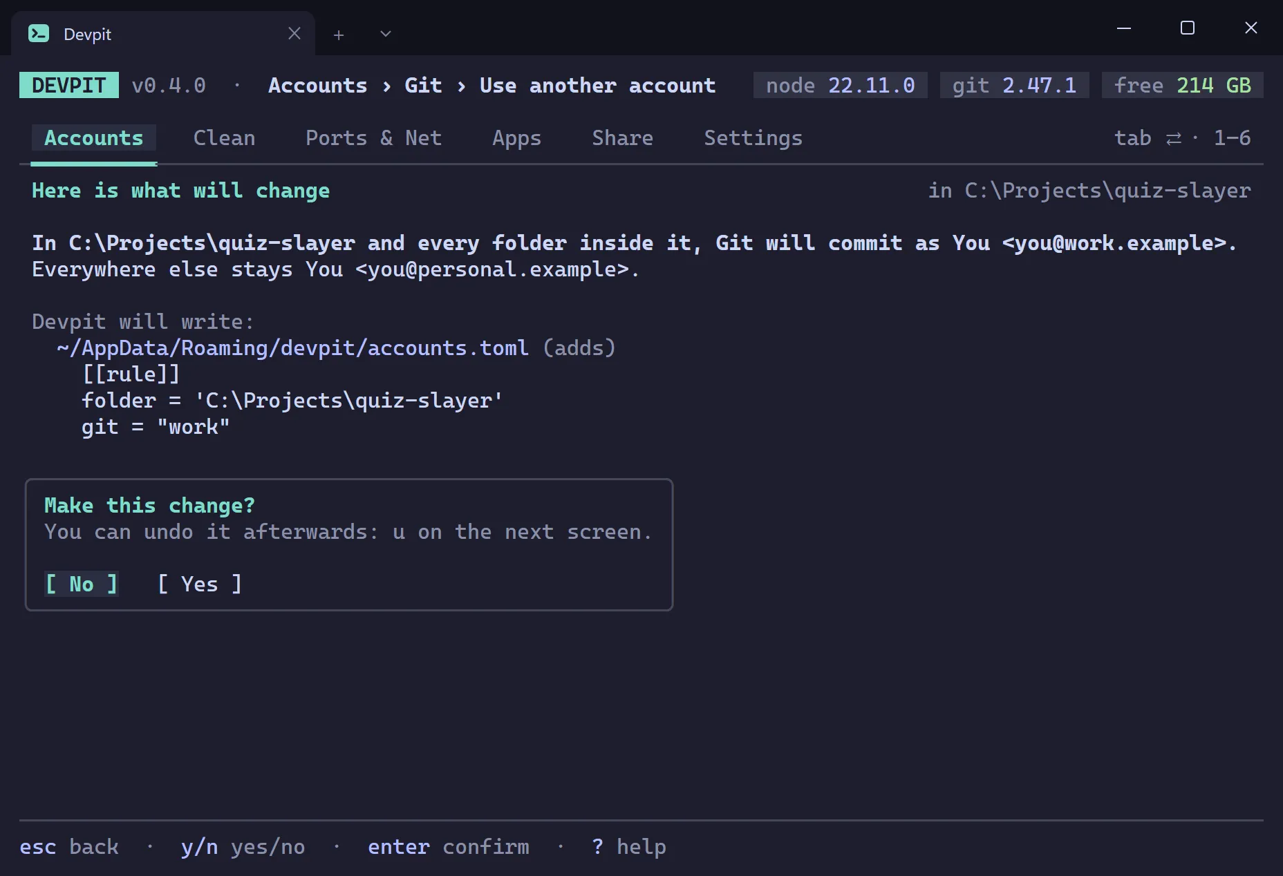 Preview of a Git folder rule saying Git will commit with the work name and email in this folder and every folder inside it