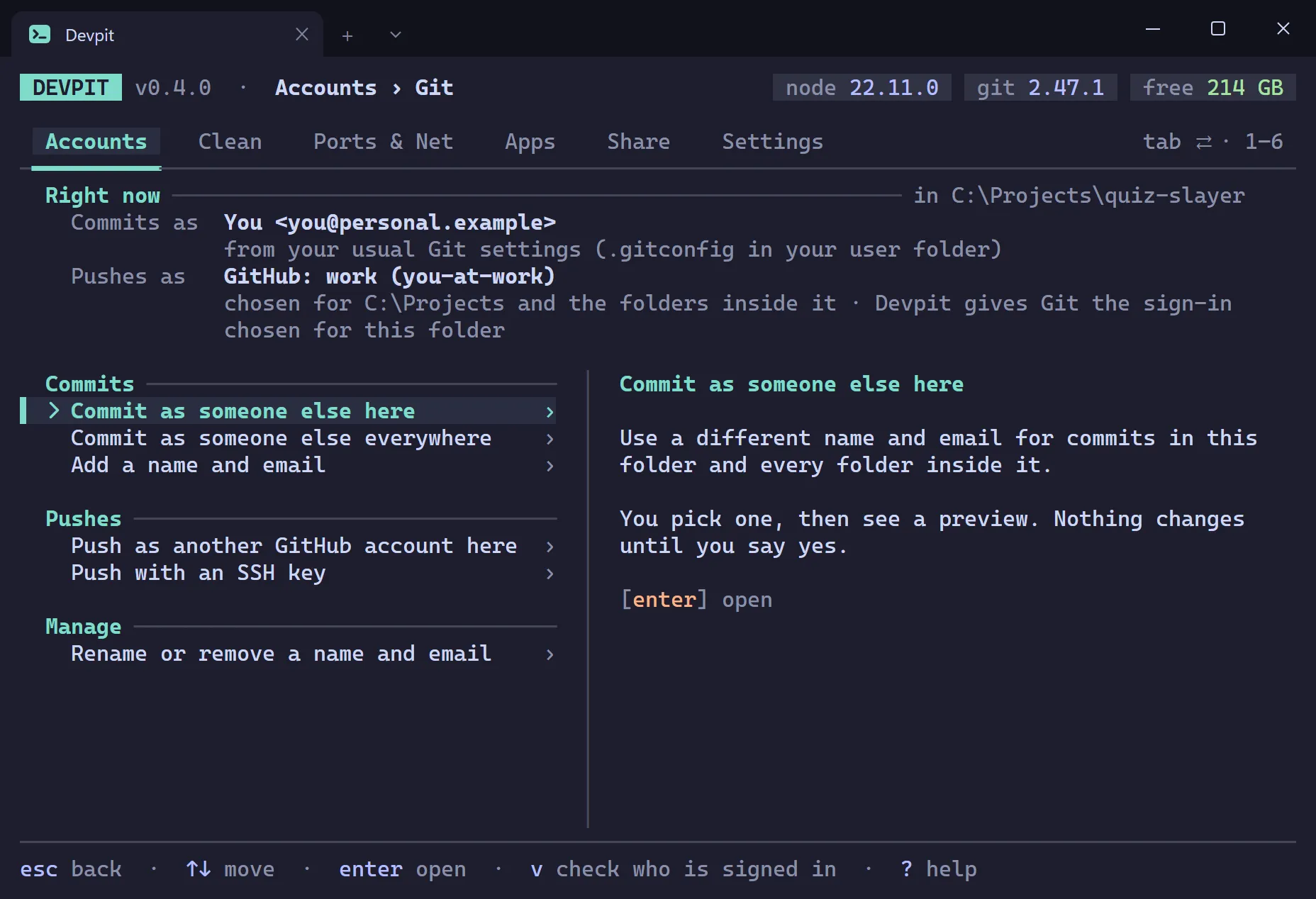 Git page in Devpit Accounts: a Right now block saying who commits are made as and which GitHub account pushes use, and where each comes from, then choices grouped under Commits, Pushes and Manage, with the highlighted choice explained beside them