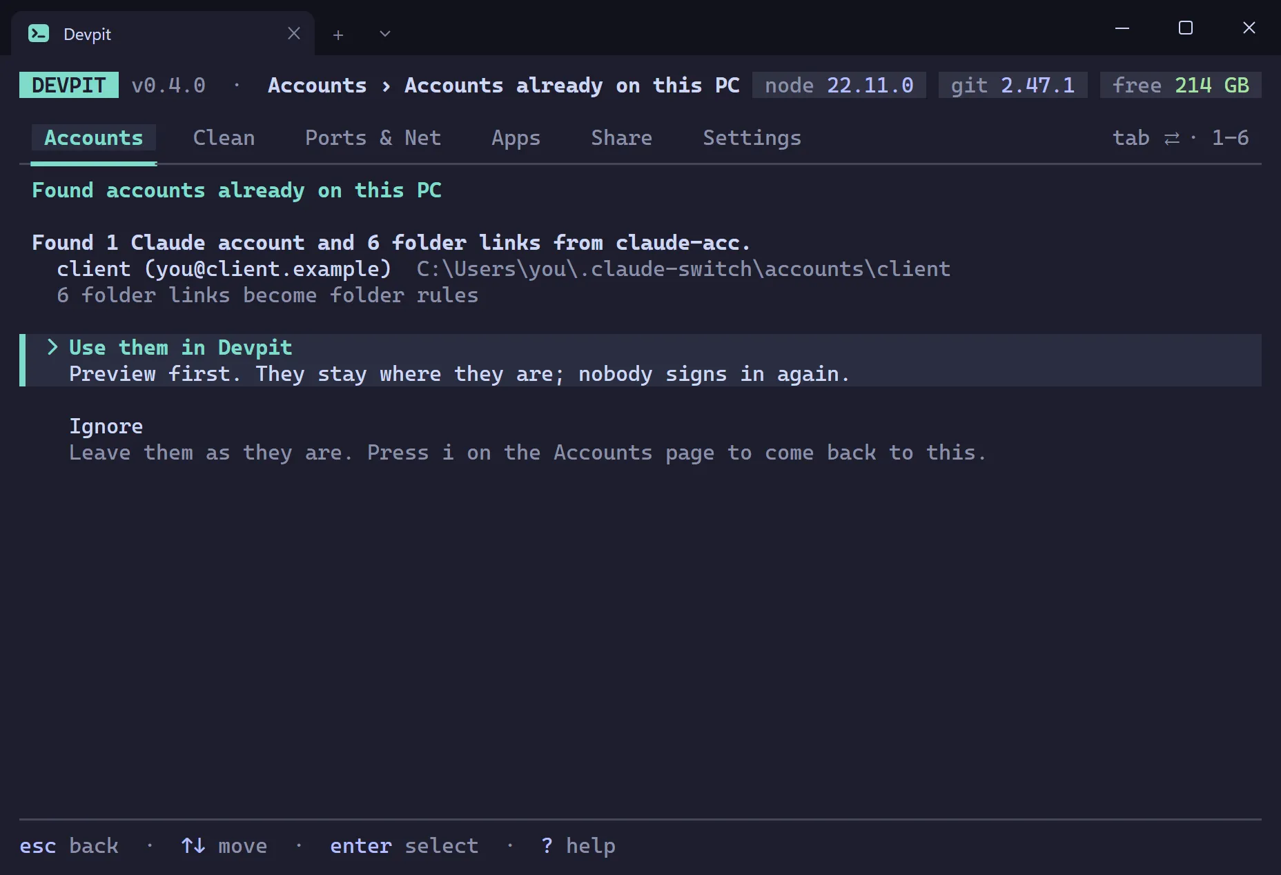 Found accounts already on this PC card listing one Claude Code account and six folder links from claude-acc, with Use them in Devpit and Ignore
