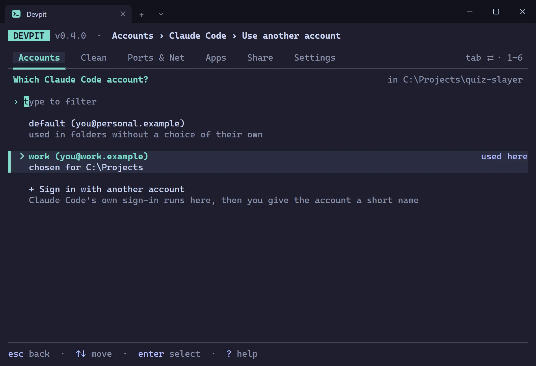 Account picker asking which Claude Code account to use, with default and work listed, a type-to-filter box and Sign in with another account at the end