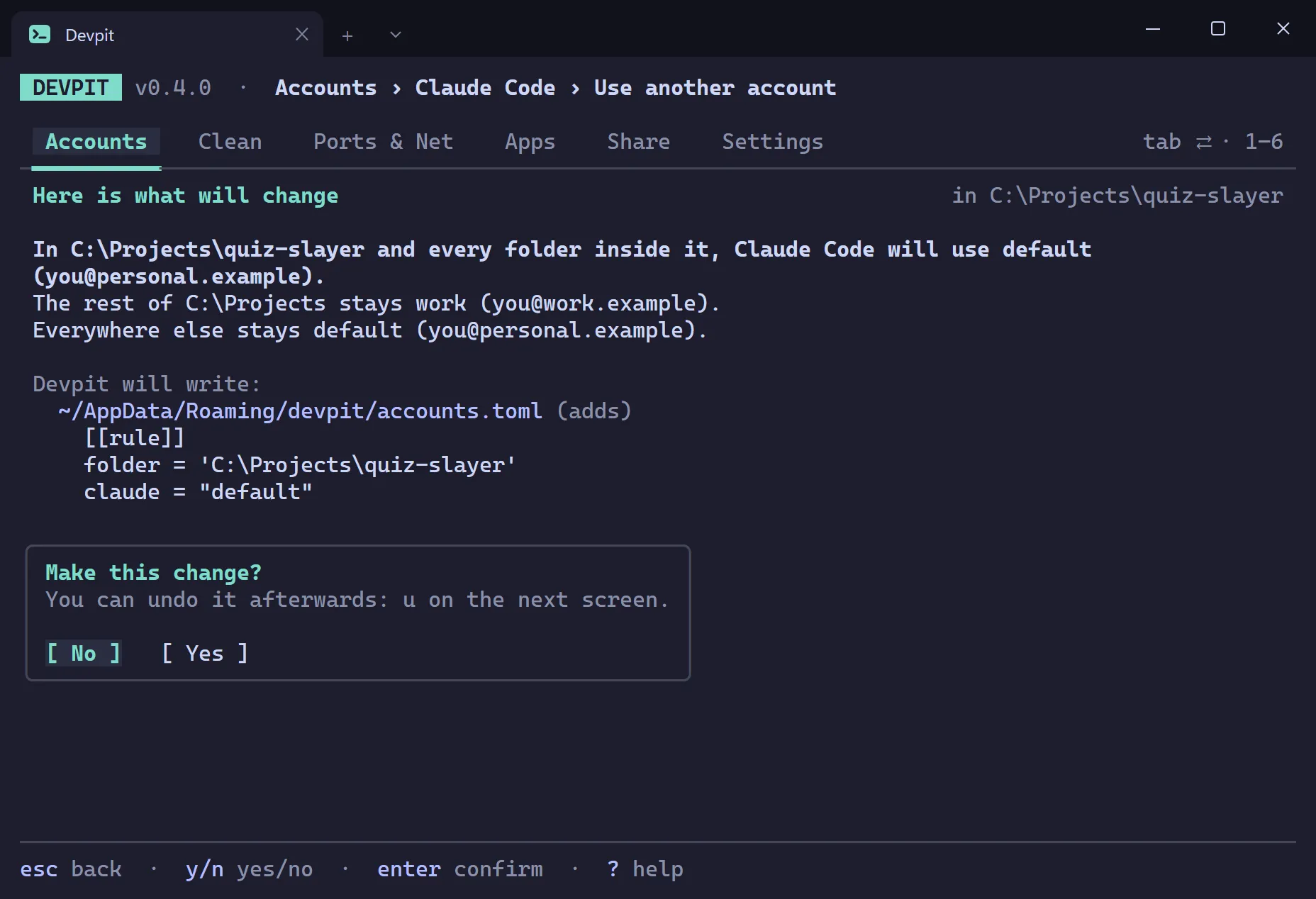 Plain-words preview of a Claude Code folder rule, listing the line Devpit will write to accounts.toml, with a Make this change question that starts on No