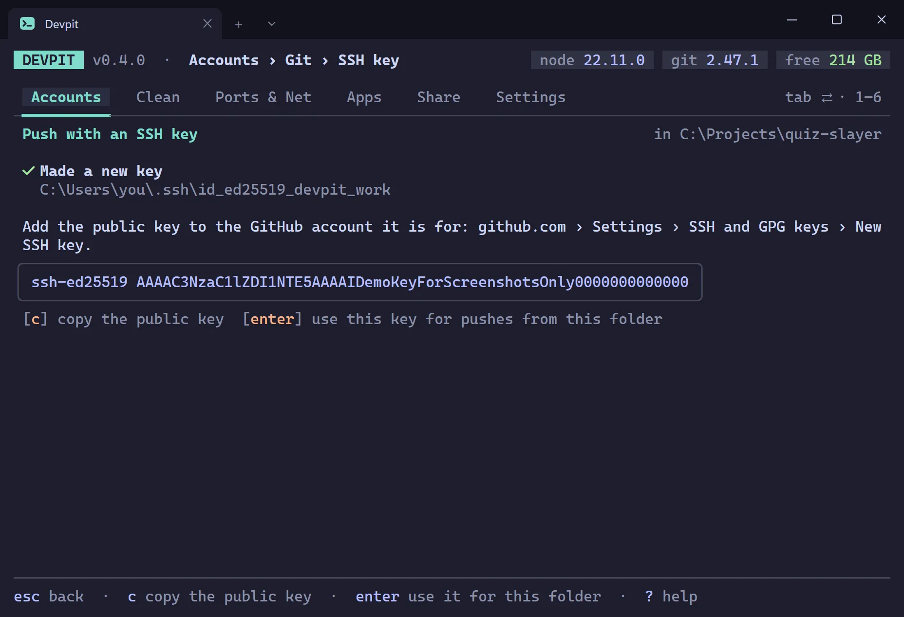 Push with an SSH key screen after making a new key: the key path, the public key in a box, and keys to copy it or use it for this folder