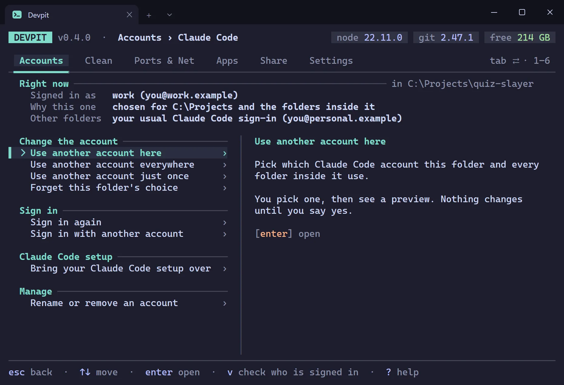 Claude Code page in Devpit Accounts: a Right now block with who is signed in here, why that account and which one other folders use, then choices grouped under Change the account, Sign in, Claude Code setup and Manage, with the highlighted choice explained beside them