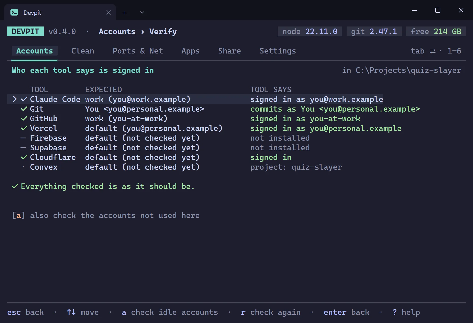 Verify screen comparing the expected account with what each tool says is signed in, with a note that idle Claude Code accounts are only checked when asked