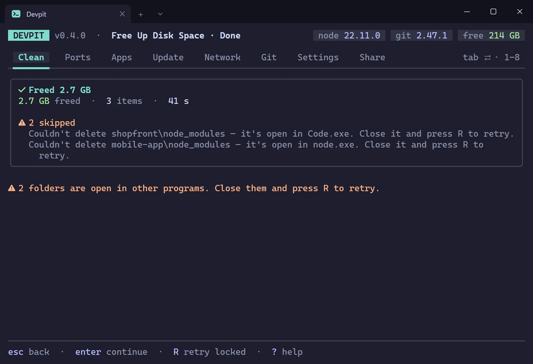 Devpit summary card after a delete, naming the program that holds a locked folder open