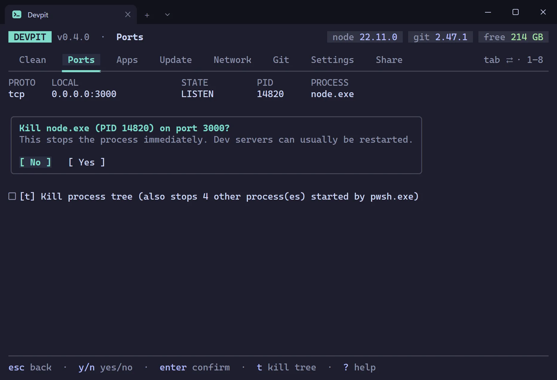 Devpit Fix Stuck Ports screen asking which port to free, with port 3000 typed in