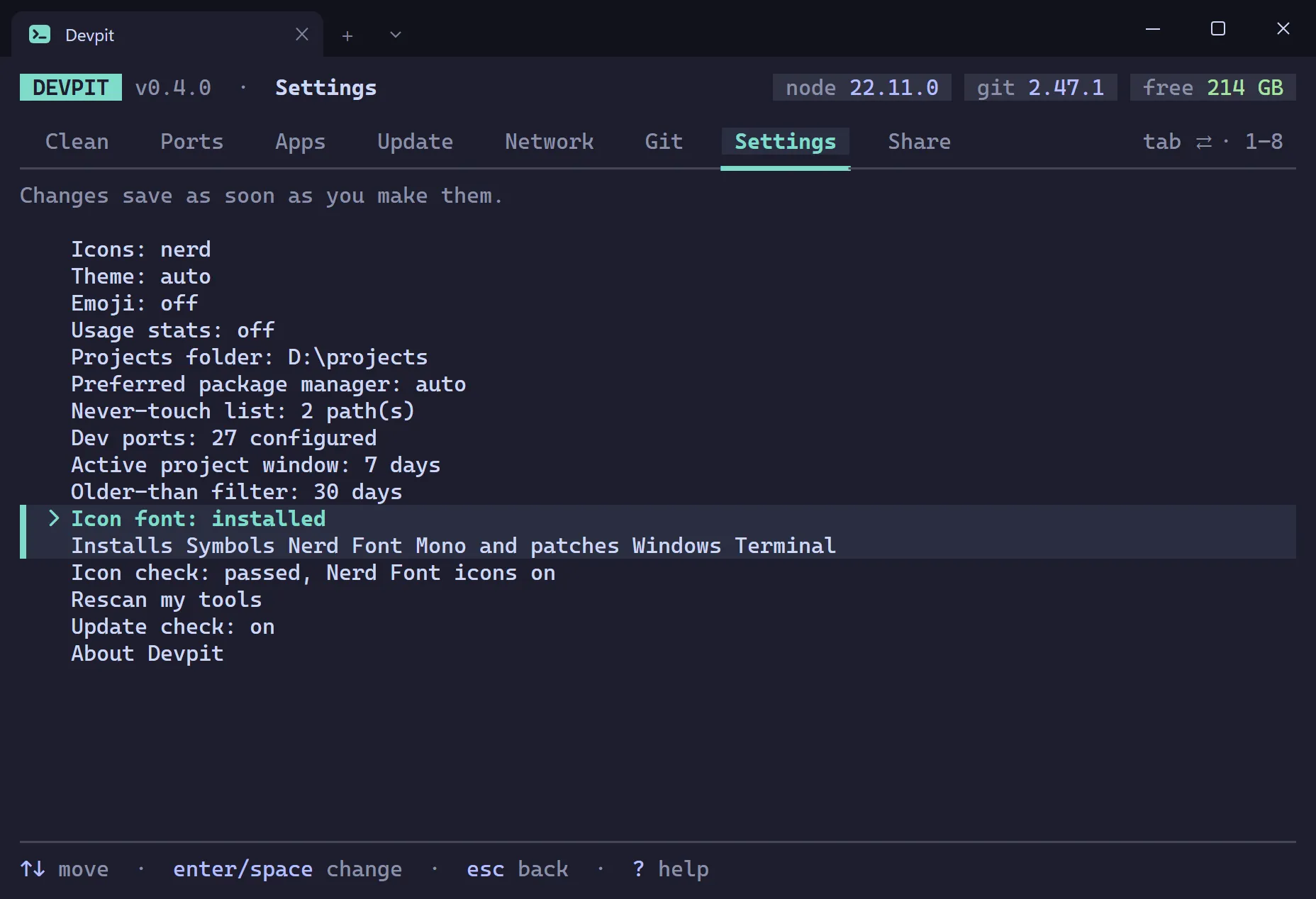Devpit Settings screen with the Icon font row that installs Symbols Nerd Font Mono