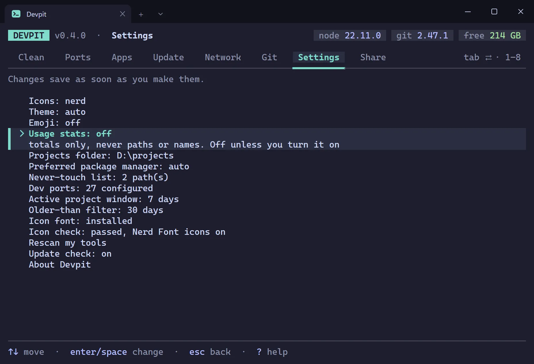 Devpit Settings screen showing the Usage stats row set to off and the Update check row