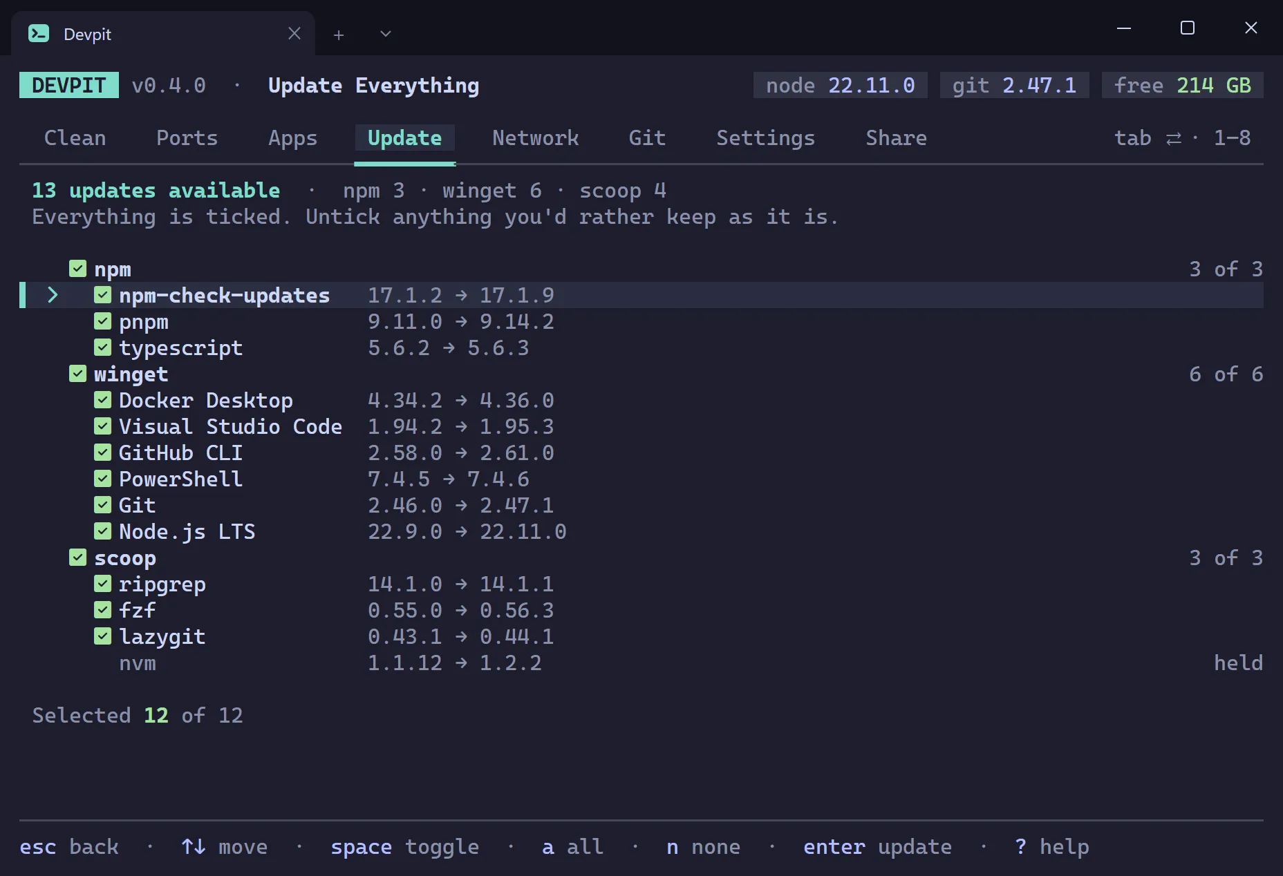 Devpit Update Everything list grouped by package manager with winget, Scoop and npm updates ticked