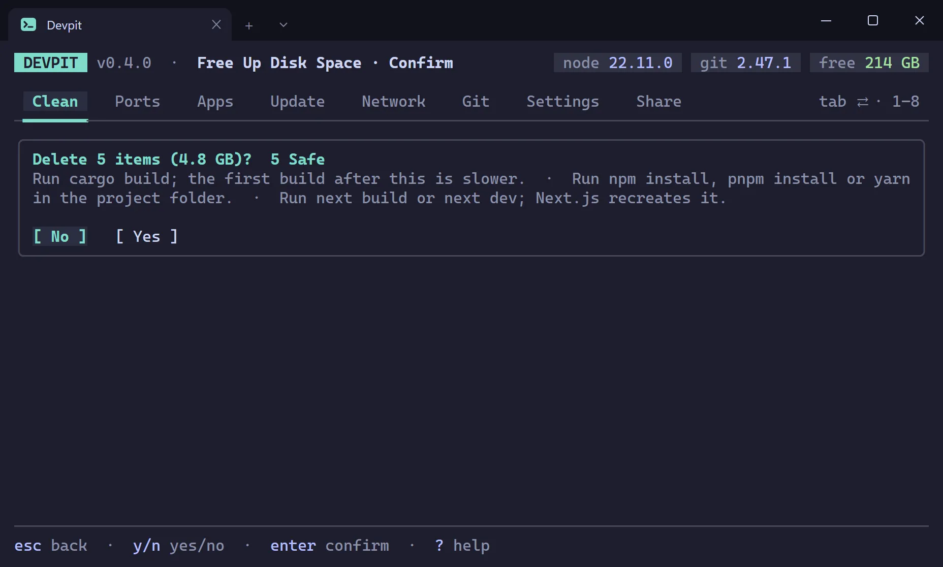 Delete confirmation asking to delete 14 items of 2.1 GB, with restore hints such as run npm install, and the No button selected by default