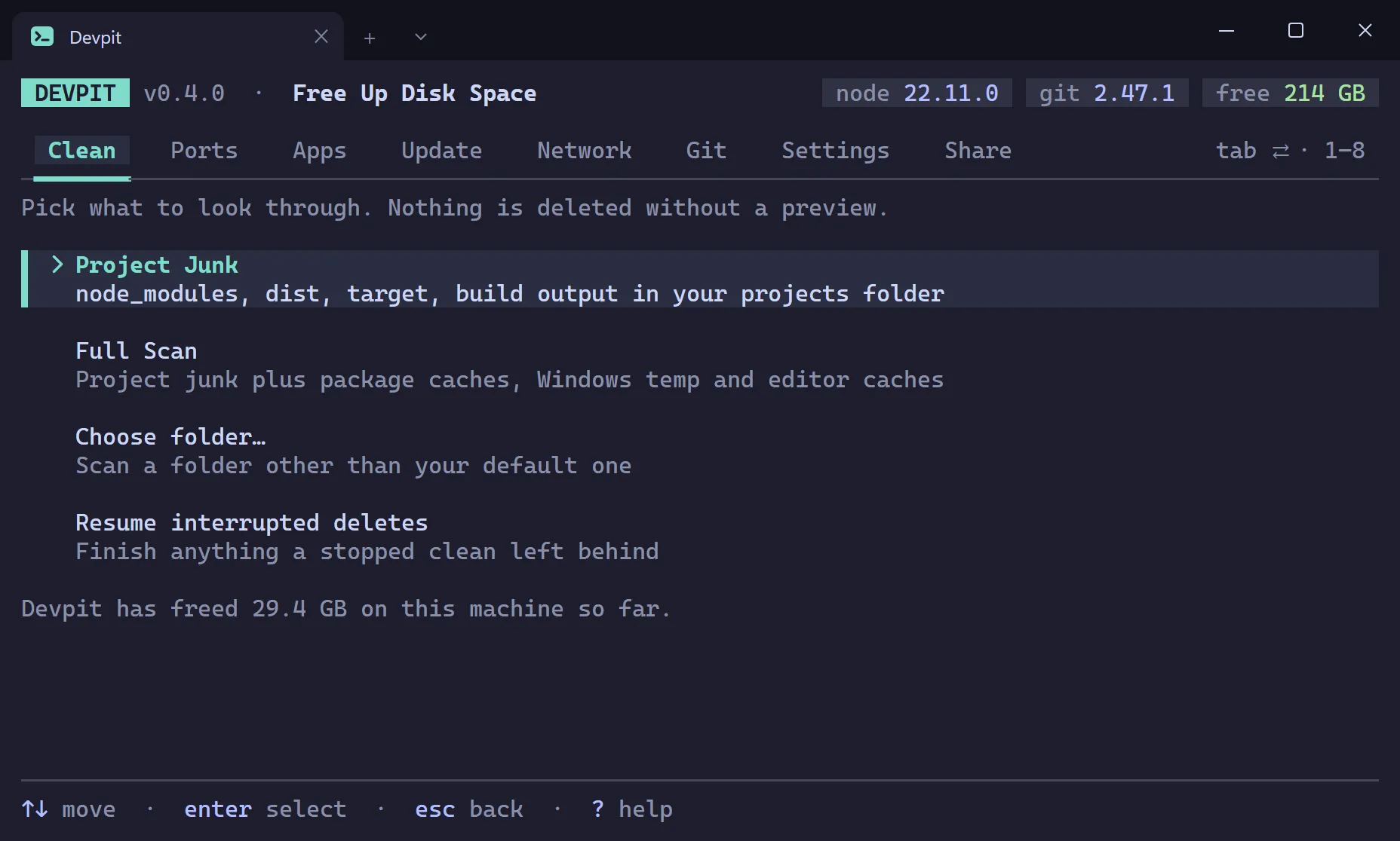 Free Up Disk Space submenu with four rows: Project Junk, Full Scan, Choose folder and Resume interrupted deletes