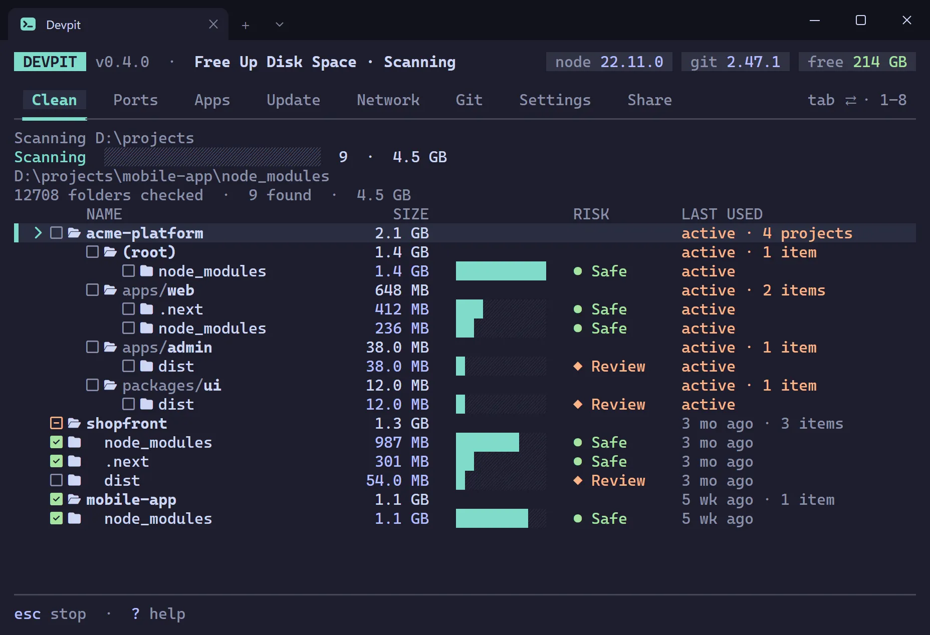 Devpit scanning a projects folder, with a progress bar, the count of folders checked and items found so far, and the first results filling the list