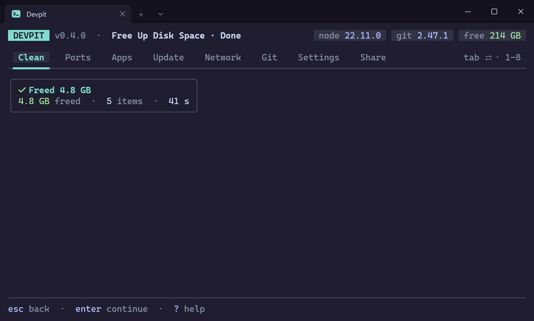 Summary card after a clean-up saying Freed 2.1 GB, with the number of items removed and how long it took