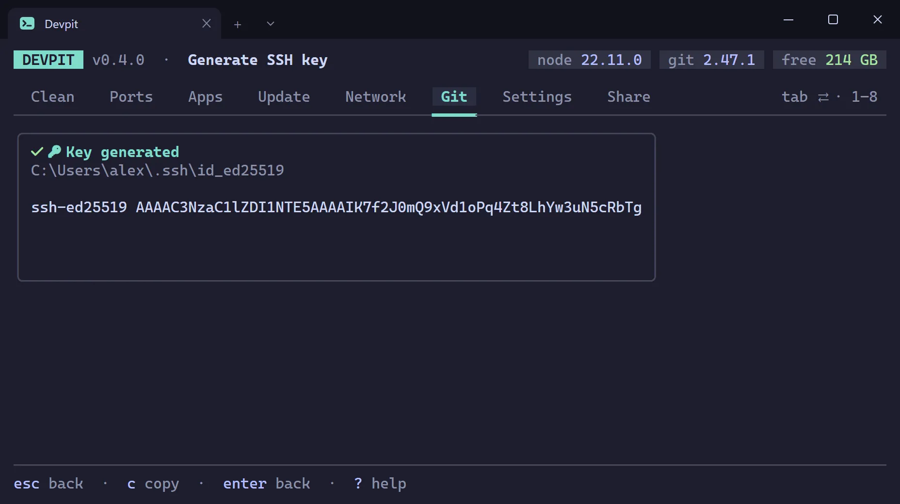 SSH key generated card showing the key file path and the public key text, with a hint that pressing c copies it