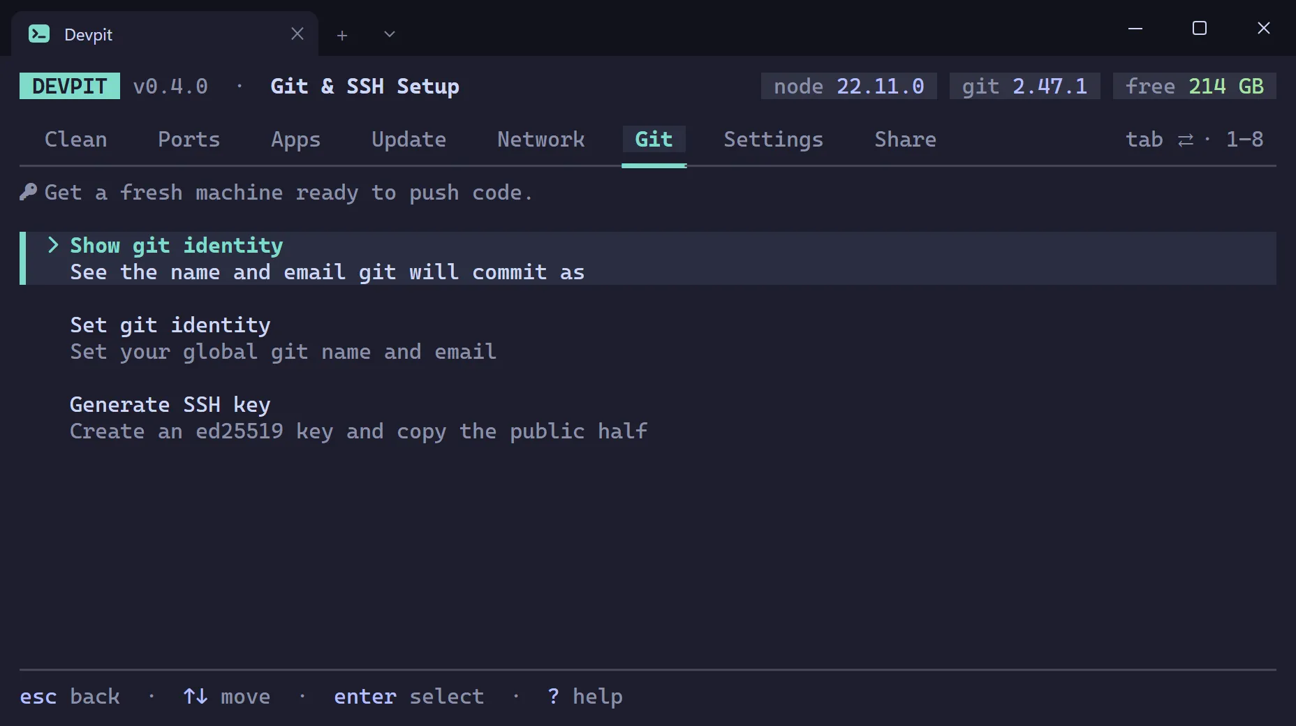 Git and SSH Setup submenu with three rows: Show git identity, Set git identity and Generate SSH key