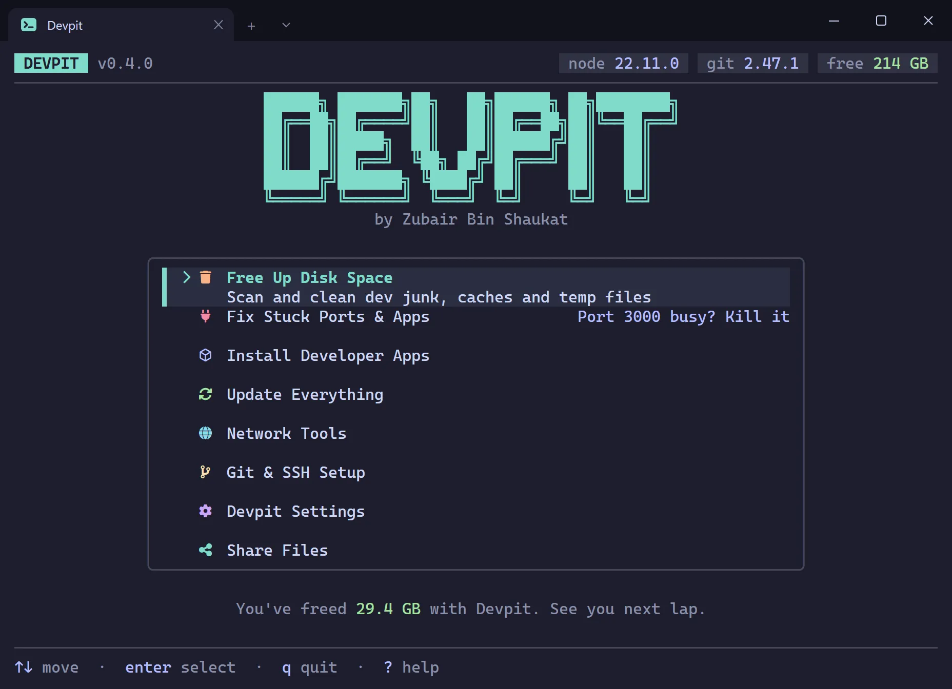 Devpit main menu with the block-letter DEVPIT logo and eight sections: Free Up Disk Space, Fix Stuck Ports and Apps, Install Developer Apps, Update Everything, Network Tools, Git and SSH Setup, Devpit Settings and Share Files