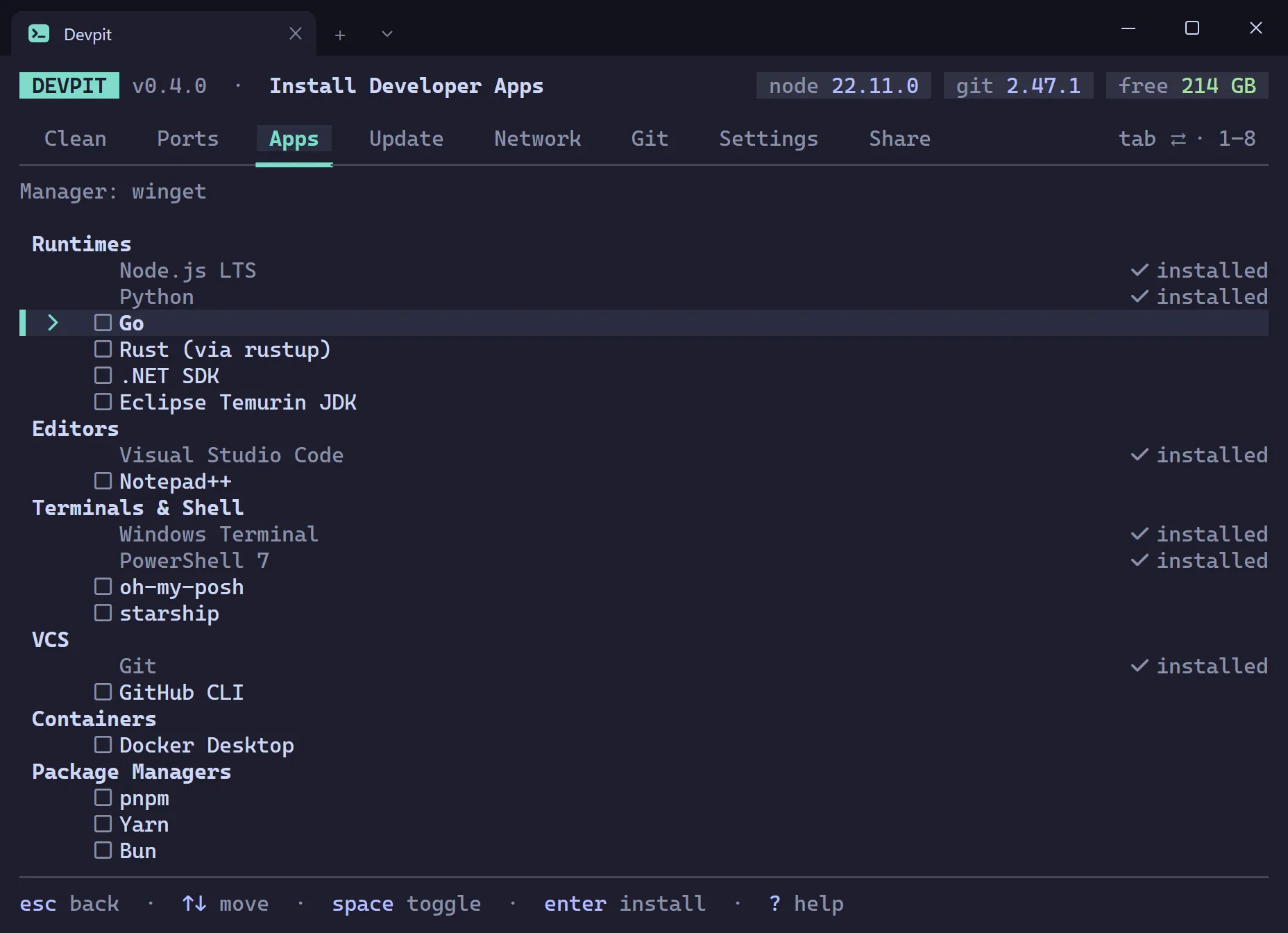 Install Developer Apps list grouped by category, with some apps ticked, some marked installed and a short description under the highlighted app