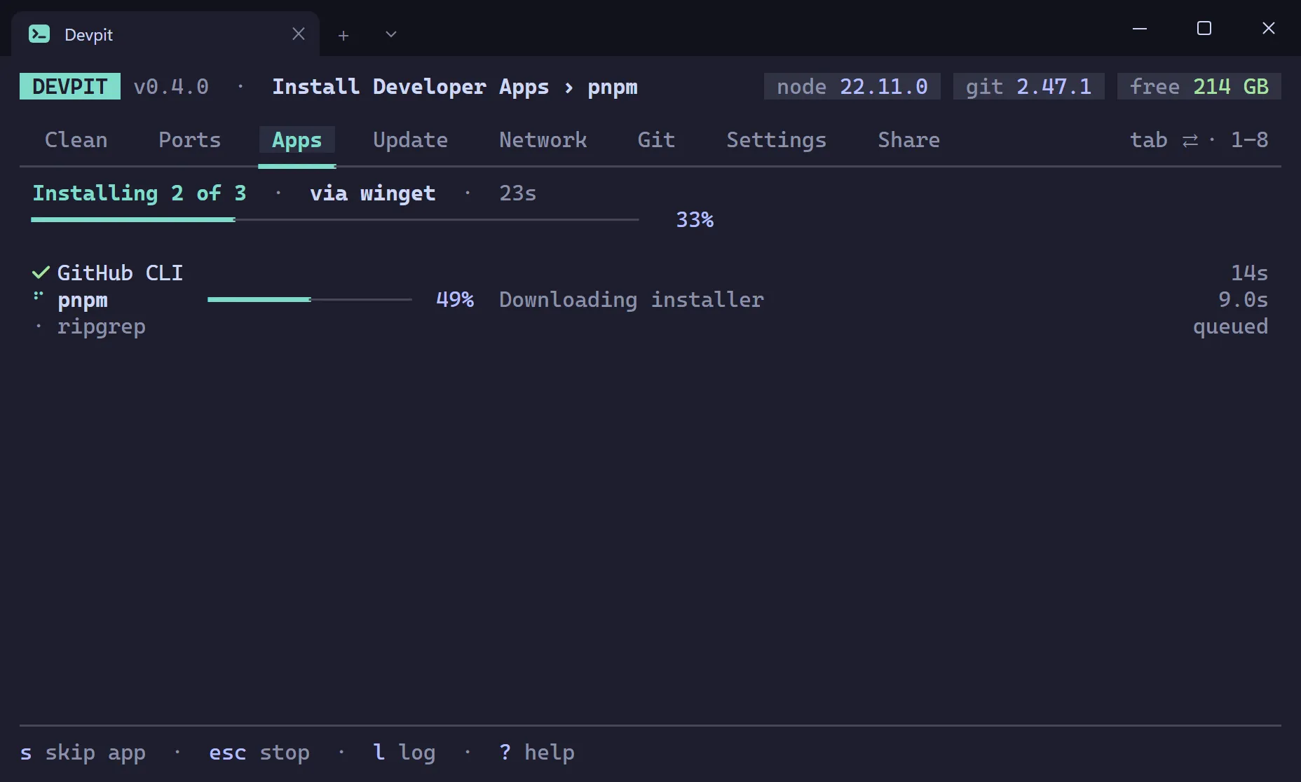 Devpit installing three apps one after another, each as a live row with a spinner or progress bar and the last line the installer printed