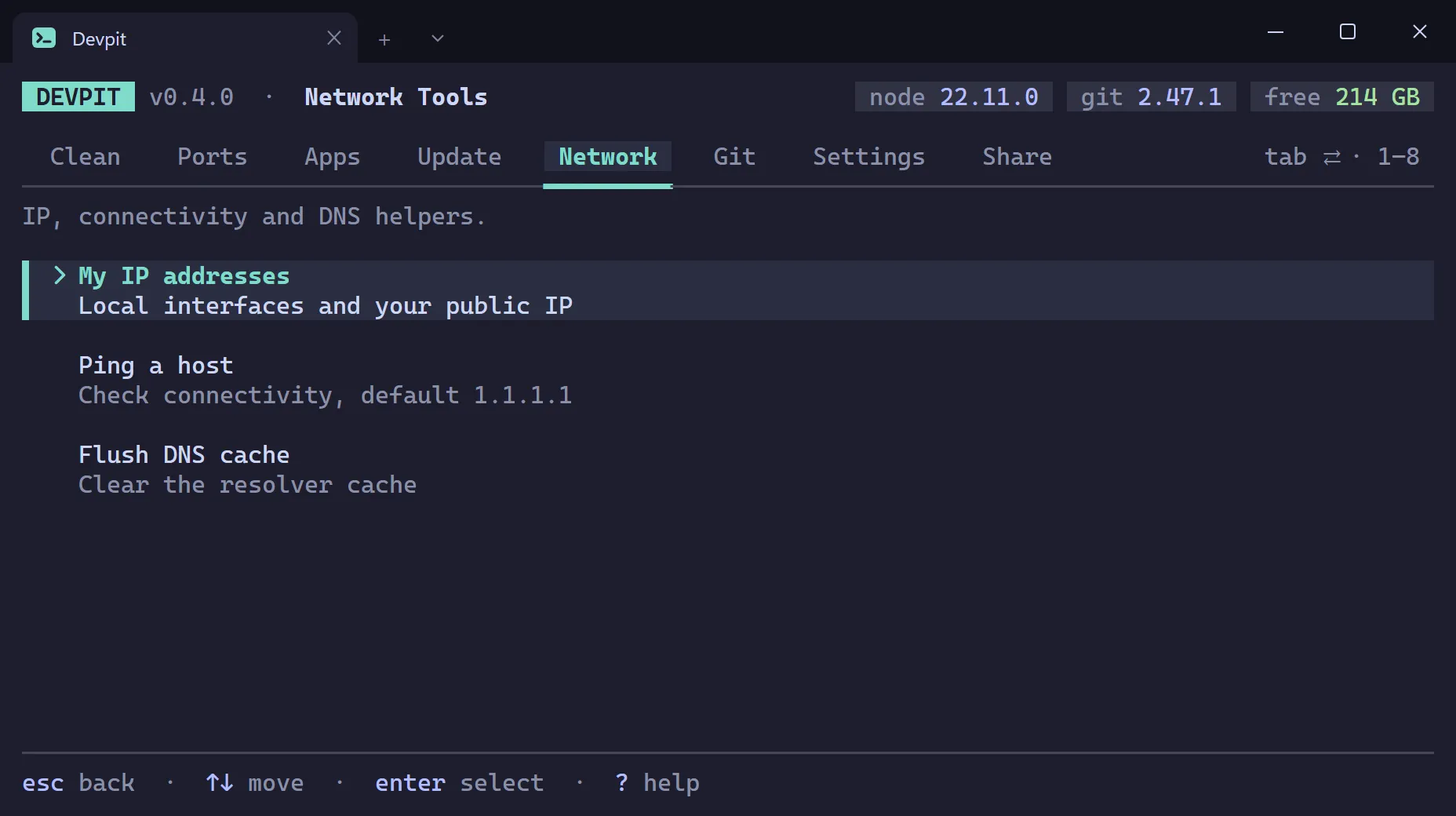 Network Tools submenu with three tools: My IP addresses, Ping a host and Flush DNS cache