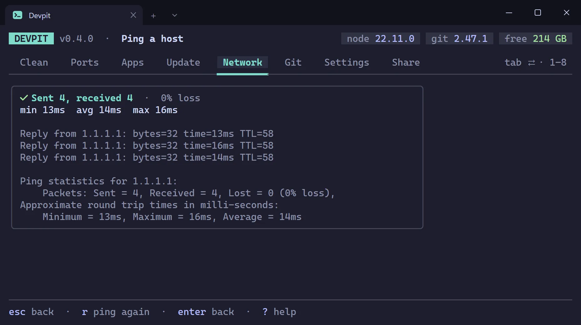 Ping results for a host with four reply lines and a summary of packets sent and received and minimum, average and maximum time