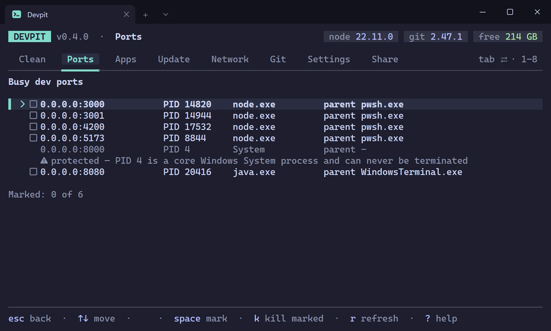 Busy dev ports list showing ports 3000, 5173 and 8080 in use with process names and PIDs, some rows marked for killing
