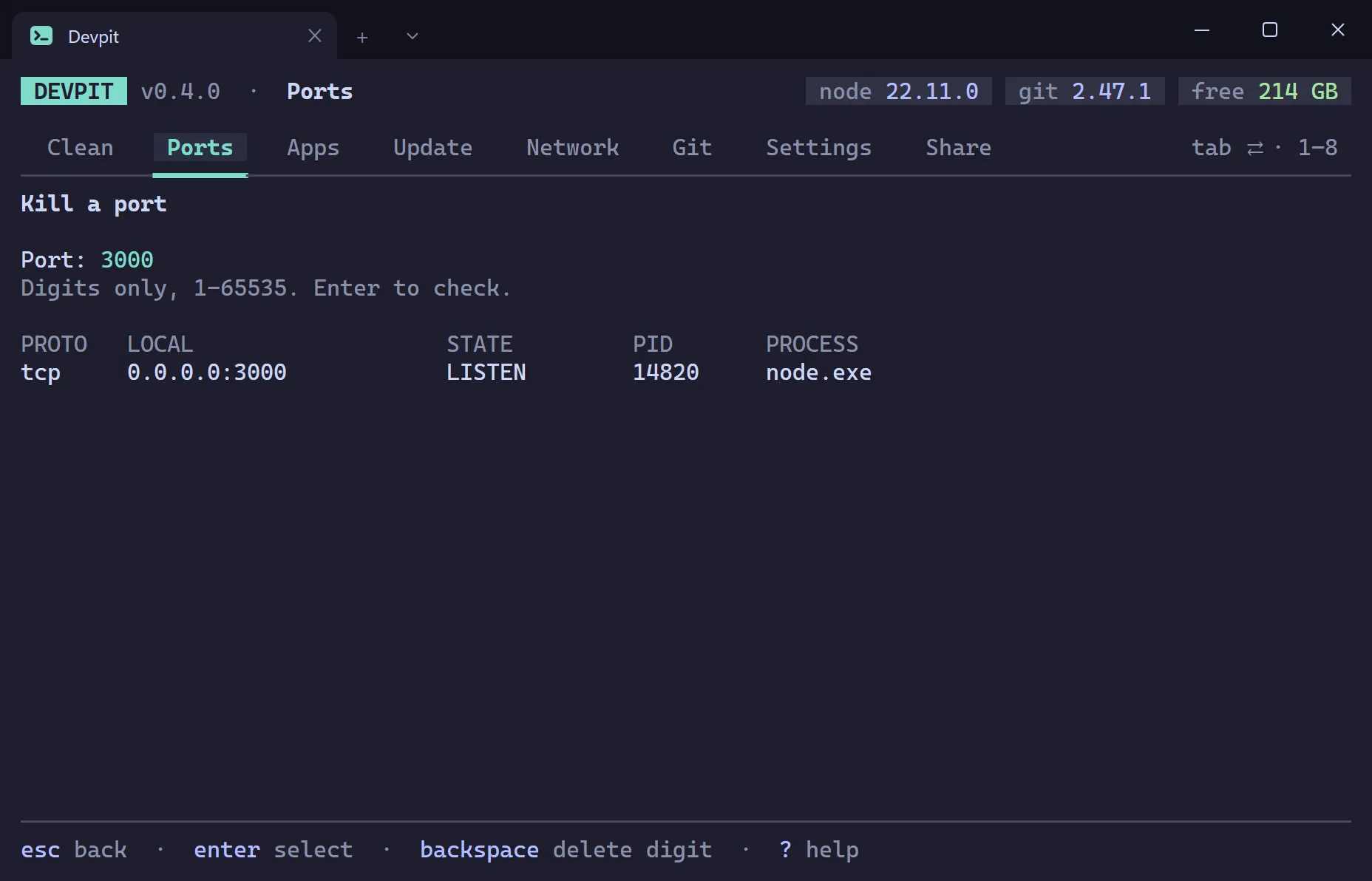 Kill a port screen with port 3000 typed in and a table showing the listening node.exe process with its PID and address