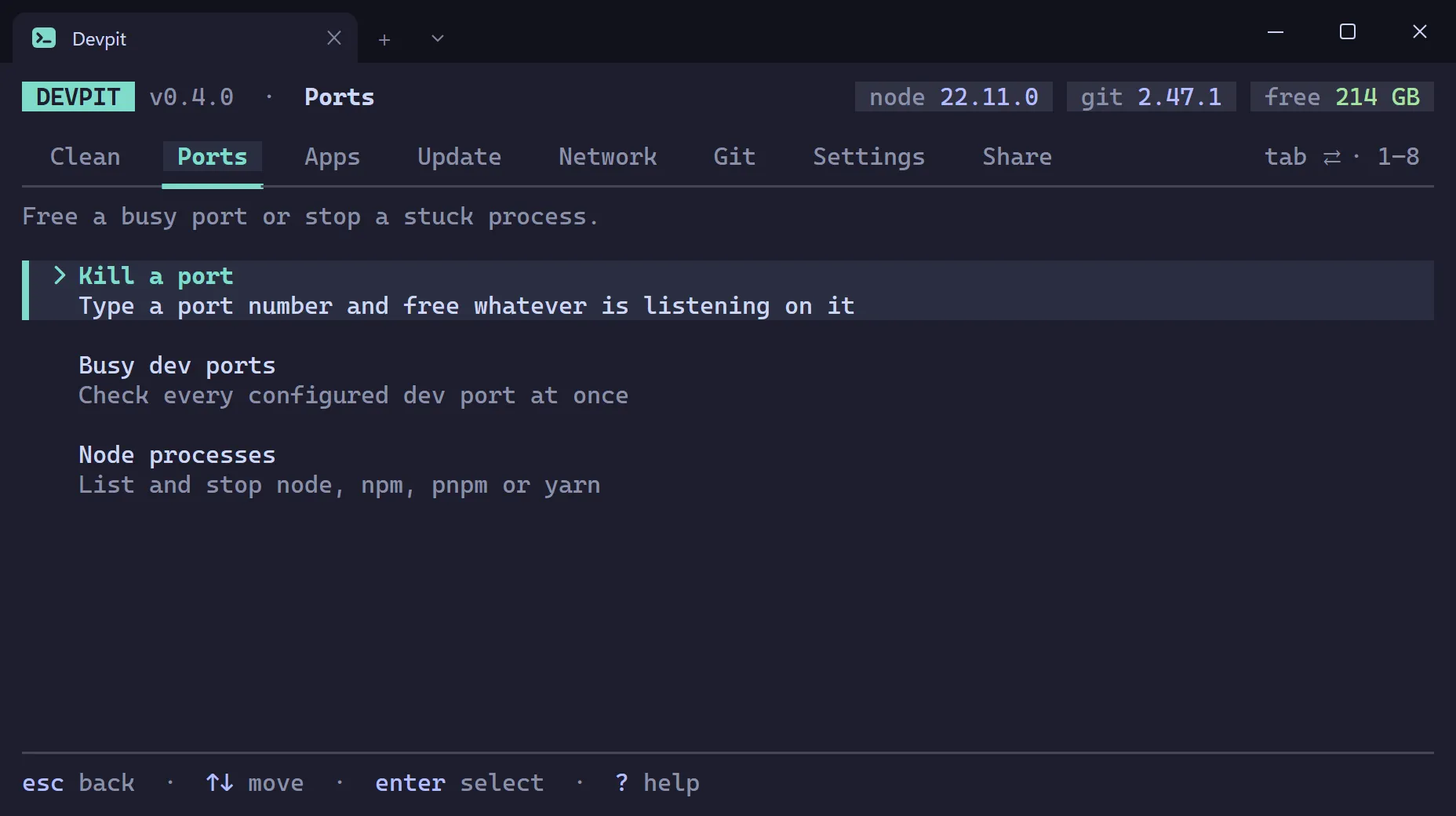 Fix Stuck Ports and Apps submenu with three tools: Kill a port, Busy dev ports and Node processes