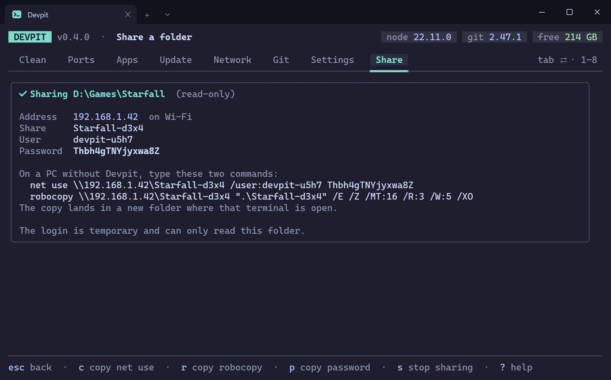 Share a folder card showing the IP address, share name, user name and temporary password, and ready-to-copy commands for a PC that does not have Devpit