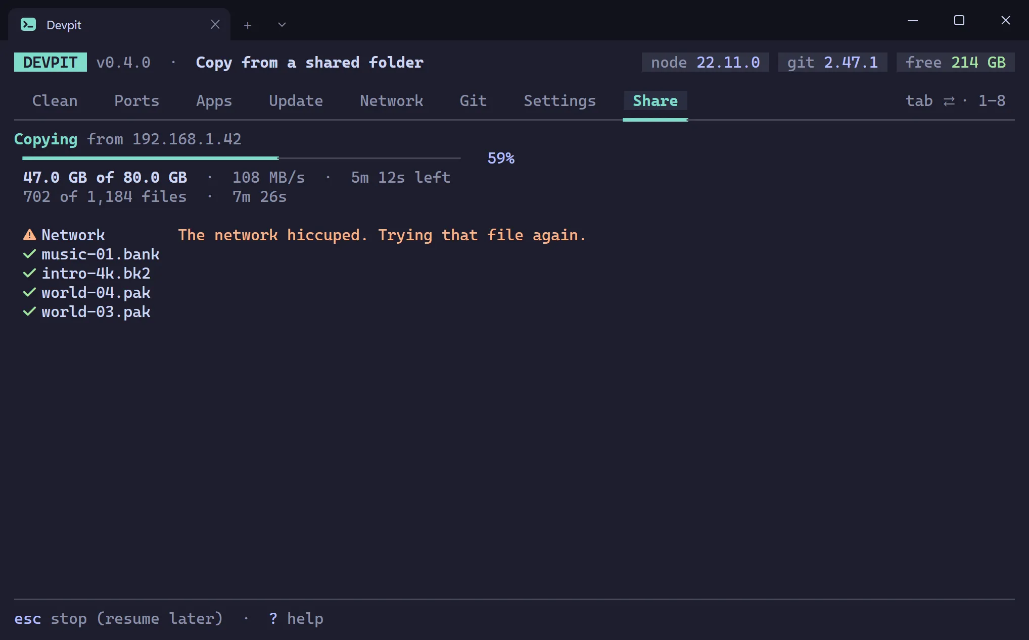 Copy from a shared folder in progress: 47 of 80 GB done, current speed and time left, the files being copied right now and a retrying notice