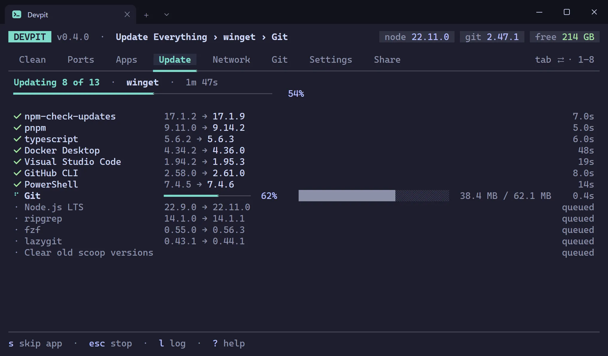 Devpit updating apps one by one with live rows that end in a tick, a warning saying restart needed or a cross with a reason