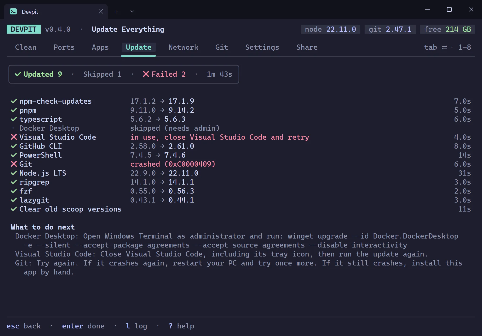 Update Everything summary with nine apps updated, Docker Desktop skipped because it needs admin rights, Visual Studio Code in use and Git crashed with code 0xC0000409, and a What to do next list with the exact command for each